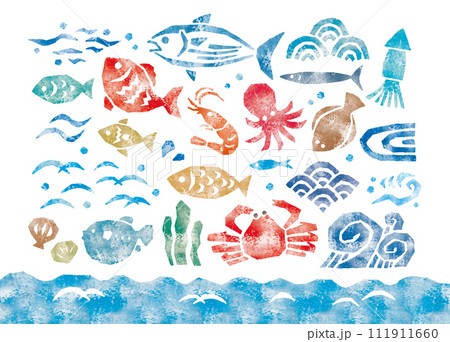 魚介類版画水彩グランジ風アイコン 111911660