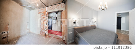 Old room with doorway and new renovated bedroom with large bed, parquet floor and elegant interior design. Photo collage of apartment room before and after restoration or refurbishment. Old room with doorway and new renovated bedroom with large bed, parquet floor and elegant interior design. Photo collage of apartment room before and after restoration or refurbishment. 111912386