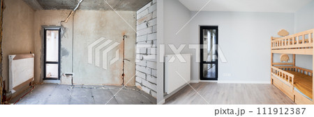 Comparison of children room with wooden bunk bed before and after restoration. Old apartment room with brick wall and new renovated flat with parquet floor and kid house bed. Comparison of children room with wooden bunk bed before and after restoration. Old apartment room with brick wall and new renovated flat with parquet floor and kid house bed. 111912387
