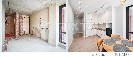 Modern apartment before and after restoration or refurbishment. Comparison of old kitchen room and new place with parquet floor, table, kitchen counter, stove and white walls. Home renovation concept. 111912388