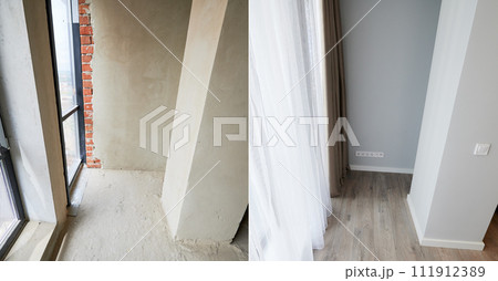 Empty apartment room with plastic windows before and after restoration. Comparison of old apartment and new flat with parquet floor and white walls. Home renovation concept. 111912389