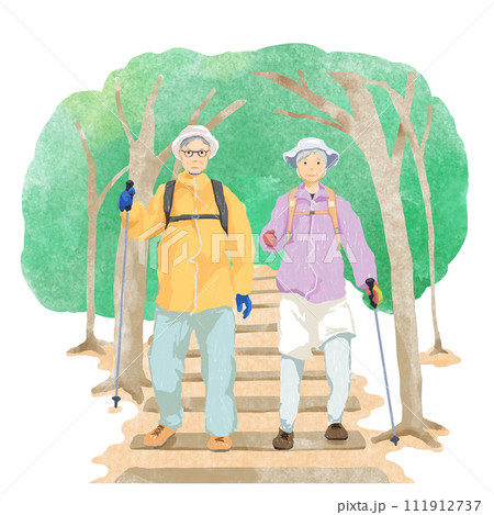 登山、もしくは山道をトレッキングするシニア夫婦のイラスト 111912737