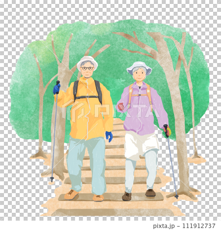 登山、もしくは山道をトレッキングするシニア夫婦のイラスト 111912737