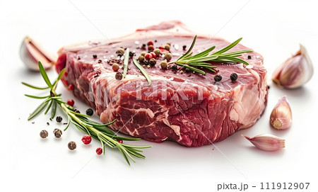 Raw ribeye beef steak with rosemary, garlic, and peppercorns on a white background. Front view. Realistic. 111912907