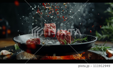 Two striploin steaks of marbled beef collide in mid-air in slow motion. Droplets of hot oil, rosemary, and garlic hover above an extremely hot grill pan against a dark background. Realistic. Two striploin steaks of marbled beef collide in mid-air in slow motion. Droplets of hot oil, rosemary, and garlic hover above an extremely hot grill pan against a dark background. Realistic. 111912949