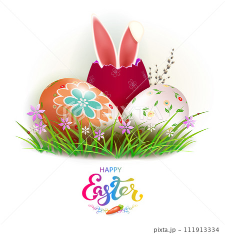 Isolated design element. Easter illustration with eggs and bunny ears Isolated design element. Easter illustration with eggs and bunny ears 111913334
