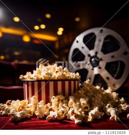 Vintage film projector and popcorn 111913826