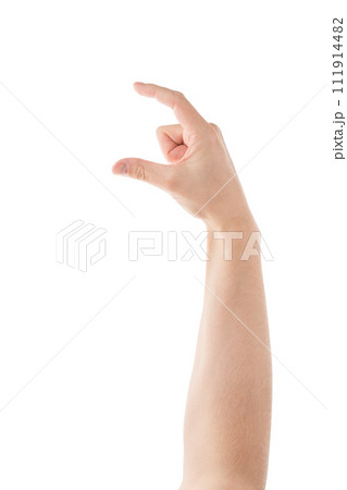 Adult man hand hold something with fingers isolated on white background Adult man hand hold something with fingers isolated on white background 111914482