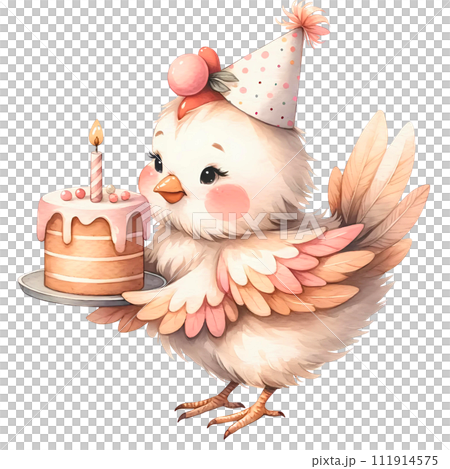 Cute animal watercolor holding birthday cake 111914575