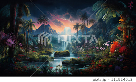 Fantasy landscape with waterfalls, panorama. Generative AI 111914612