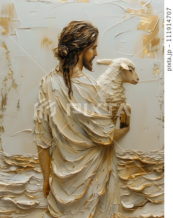 Painting of Jesus Holding His Sheep on a Beach Painting of Jesus Holding His Sheep on a Beach 111914707