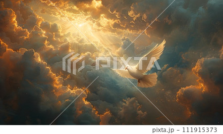 Flying White Dove in a Sunny Sky with Fluffy Clouds in Fantasy Art Style 111915373