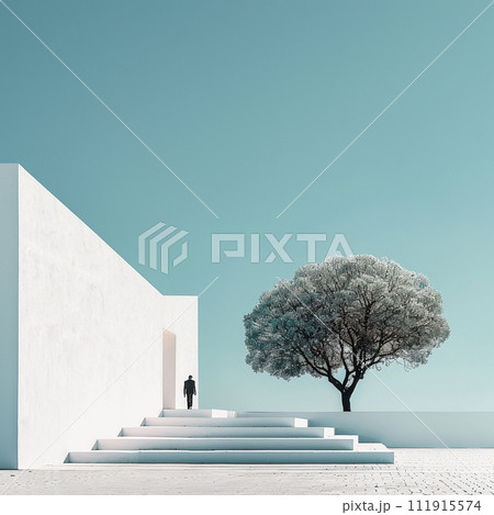 A solitary figure stands at the entrance of a sleek, modern structure beside a solitary tree 111915574