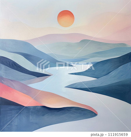 Abstract painting captures the serene beauty of a river winding through a mountain range under a warm pastel sunset sky Abstract painting captures the serene beauty of a river winding through a mountain range under a warm pastel sunset sky 111915659