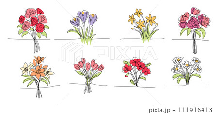 Set of bouquet of flowers lineart single line, clip art, roses, tulips, crocus, daisy, daffodil. vector illustration for postcards, design, One continuous line drawing Set of bouquet of flowers lineart single line, clip art, roses, tulips, crocus, daisy, daffodil. vector illustration for postcards, design, One continuous line drawing 111916413