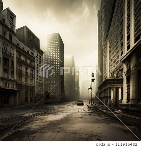 Abandoned city with Eerie Lights and Suspenseful Atmosphere, created with generative AI technology 111916482