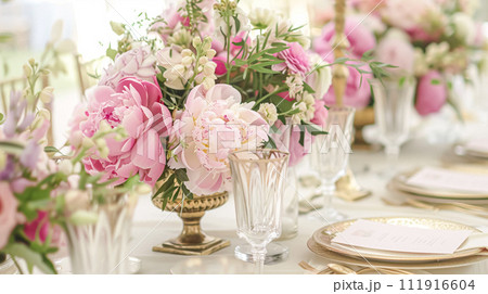 Wedding decoration with peonies, floral decor and event celebration, peony flowers and wedding ceremony in the garden, English country style Wedding decoration with peonies, floral decor and event celebration, peony flowers and wedding ceremony in the garden, English country style 111916604