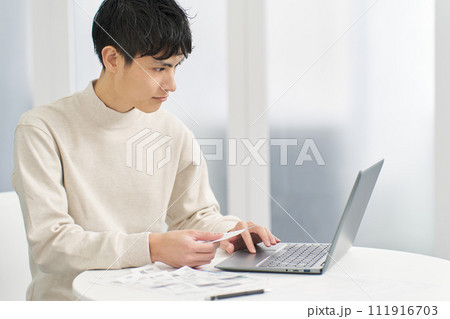 会計ソフトに経費を入力する男性 会計ソフトに経費を入力する男性 111916703