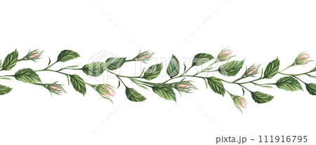 Seamless pattern border with pink flowers, leaves, vintage watercolor floral hand drawn with leaf and rose, pastel color, seamless floral strip, rim, seamless band for cards, wedding or fabric. Seamless pattern border with pink flowers, leaves, vintage watercolor floral hand drawn with leaf and rose, pastel color, seamless floral strip, rim, seamless band for cards, wedding or fabric. 111916795
