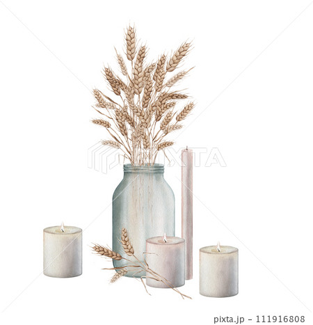 Ears of wheat in a glass vase jar, candle. Autumn harvest. Watercolor hand painting illustration on isolated white background. For design bakery, home products, restaurant menu element 111916808