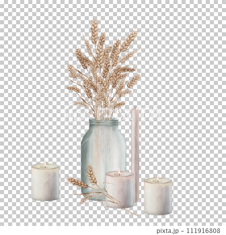 Ears of wheat in a glass vase jar, candle. Autumn harvest. Watercolor hand painting illustration on isolated white background. For design bakery, home products, restaurant menu element 111916808