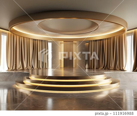 Luxury Round podium with arch and curtains. Mock up, 3D Rendering Luxury Round podium with arch and curtains. Mock up, 3D Rendering 111916988