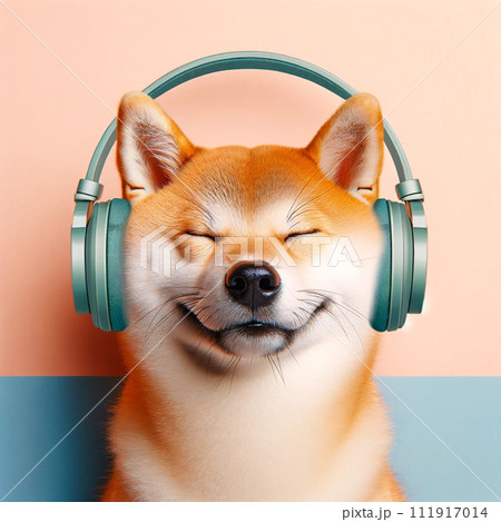 パステル背景のへッドフォンをつけたlofiな柴犬 111917014