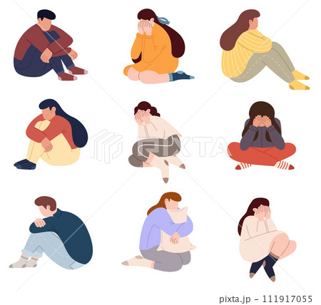 Depressed sad teen characters with psychology problems. Problems stress psychotherapy mental health depression concept 111917055