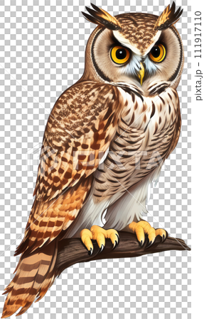 Cartoon illustration of bird owl perch on tree branch, created with generative AI technology Cartoon illustration of bird owl perch on tree branch, created with generative AI technology 111917110