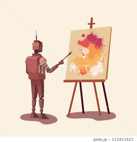 Vector illustration of a robot painting dye splashes on an easel. Cyborg creator. Innovative contemporary art. Vector illustration of a robot painting dye splashes on an easel. Cyborg creator. Innovative contemporary art. 111917825