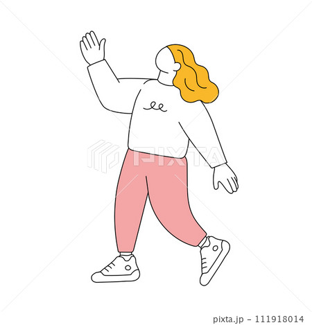 片手をあげるシンプルな女性の全身イラスト 111918014