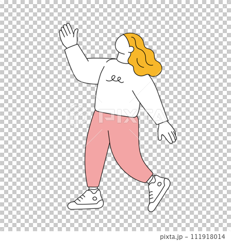 片手をあげるシンプルな女性の全身イラスト 111918014