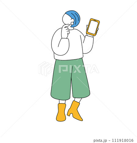 スマートフォンを持つシンプルな女性のイラスト スマートフォンを持つシンプルな女性のイラスト 111918016