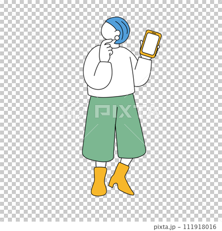 スマートフォンを持つシンプルな女性のイラスト スマートフォンを持つシンプルな女性のイラスト 111918016