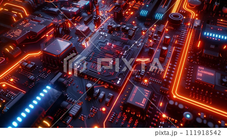Circuit board background featuring vivid circuits and lights in Unreal Engine 5 style, Kodak Aerochrome, Internet Academia, and architectural illustration. Turquoise, orange, #ScreenshotSaturday, with 111918542