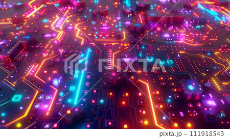 Circuit board background featuring vivid circuits and lights, styled like Unreal Engine 5 & Kodak Aerochrome. Turquoise & orange themes, reminiscent of Internet academia & architectural illustrations. 111918543