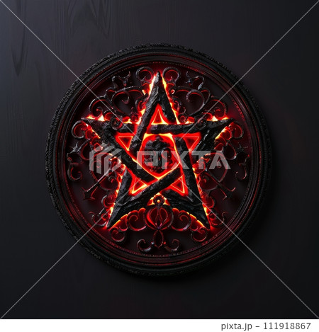 glowing red pentagram on dark background, generative AI 111918867
