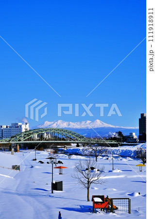 北海道旭川市 旭橋と大雪山連峰を望む風景 111918911