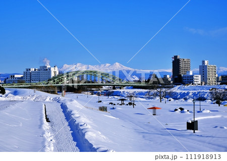 北海道旭川市 旭橋と大雪山連峰を望む風景 111918913