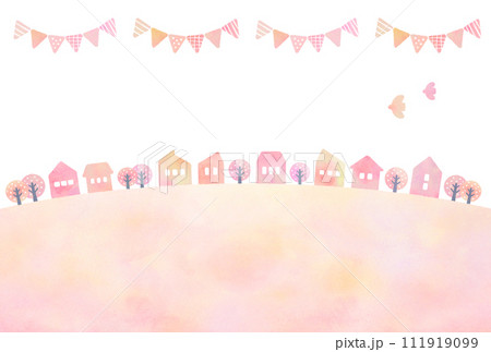 水彩風　ピンクの家と春の街並み  111919099
