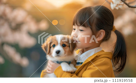 愛犬を抱き寄せている女の子｜特別な絆と安心感｜AI生成画像 111919558