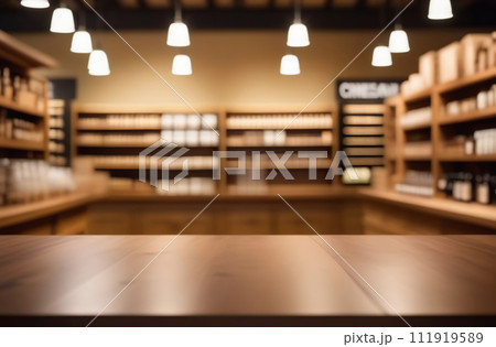 Empty table top with supermarket blurred defocused panorama, bokeh light. Backdrop for display montage products. Blank wood textured counter, blur grocery, bio eco market store background. Front view 111919589
