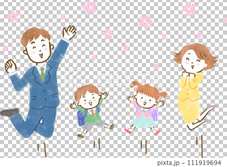 Hand-drawn illustration of a family jumping at the entrance ceremony during a cherry blossom blizzard Hand-drawn illustration of a family jumping at the entrance ceremony during a cherry blossom blizzard 111919694