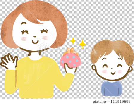 手繪插圖，展示了一對母親和孩子的上半身，他們有一個育兒袋，並對孩子的零用錢感到滿意。 111919695