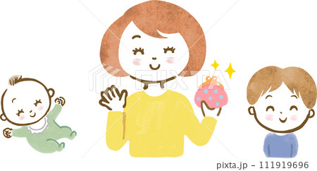 がま口を持ち、出産、子供にまつわる手当に喜ぶ母親と子供と赤ちゃんの上半身手描きイラスト 111919696