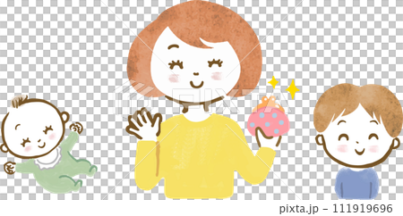 がま口を持ち、出産、子供にまつわる手当に喜ぶ母親と子供と赤ちゃんの上半身手描きイラスト 111919696