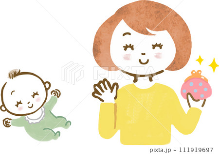 がま口を持ち、出産、子供にまつわる手当に喜ぶ母親と赤ちゃんの上半身手描きイラスト 111919697