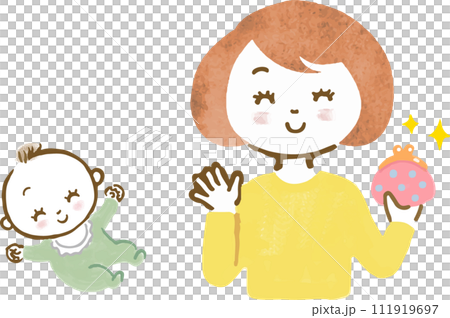 がま口を持ち、出産、子供にまつわる手当に喜ぶ母親と赤ちゃんの上半身手描きイラスト 111919697