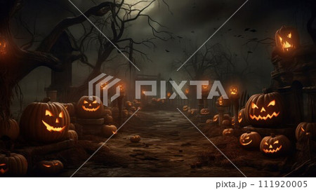 AI-generated content. Halloween night. Pumpkin faces among black gloomy trees behind the fence of the old cemetery under a full Moon. AI-generated content. Halloween night. Pumpkin faces among black gloomy trees behind the fence of the old cemetery under a full Moon. 111920005