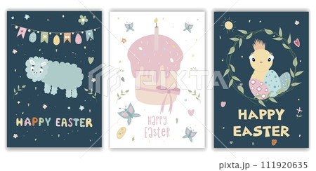 Happy Easter postcards. A set of vector Easter illustrations. Easter cake, lamb, chicken. Perfect for a poster, cover, or postcard. 111920635